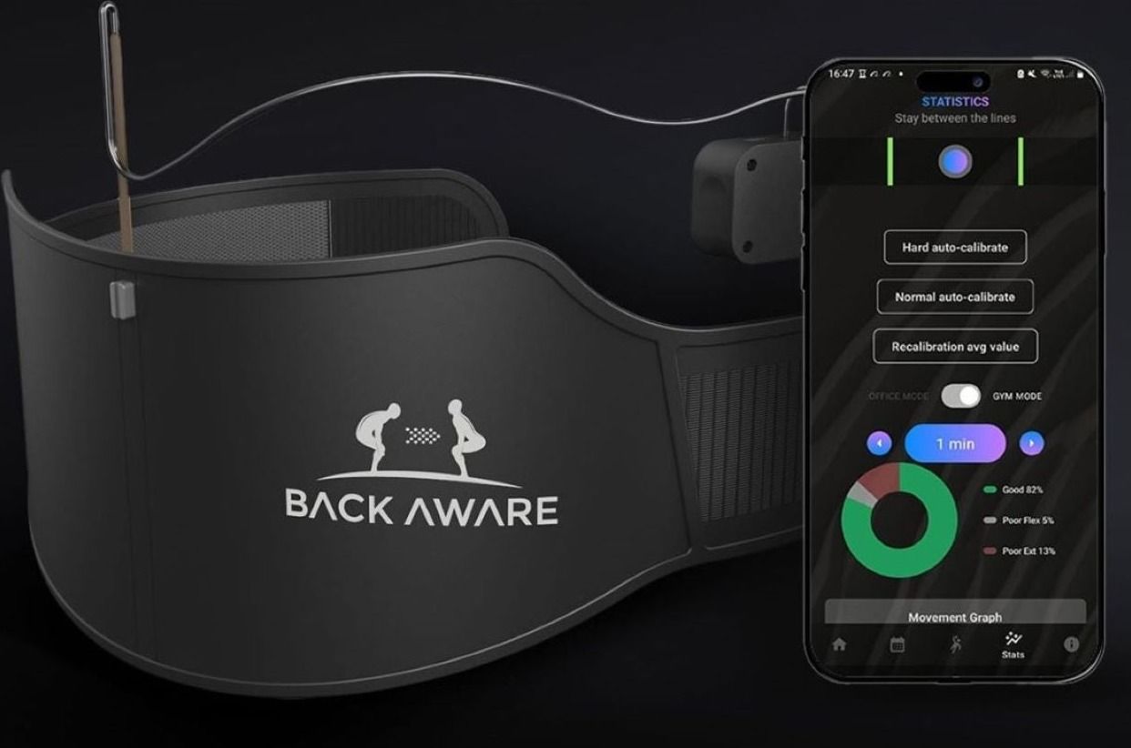 The BackAware Belt beside a phone showing the app's position screen, photographed on black.