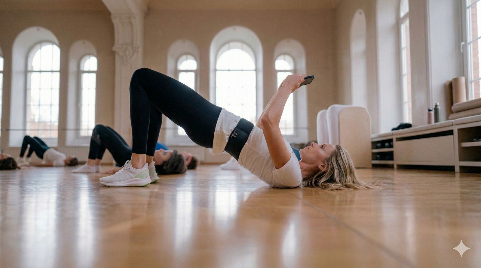 Two people on the wooden floor of a bright hall, one holding a bridge with one leg raised.