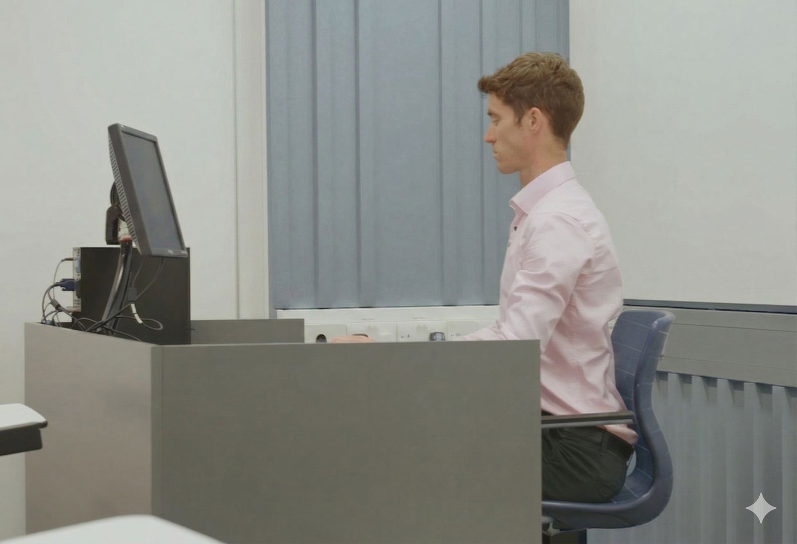 A person sitting side-on at a desk in front of a monitor.